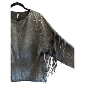 BLUESTEEL Fringe Long Sleeve Black Studs Grunge Moto Sweatshirt Pullover Medium
